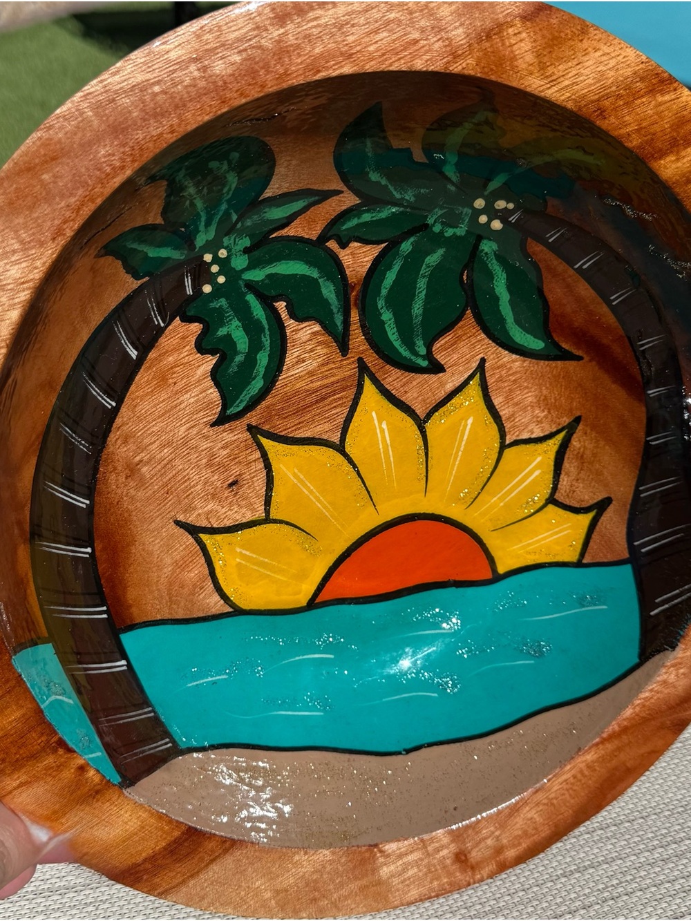Rare Mexico Folk Art HandPainted 10" Wood Bowl Los Cabo Beach Palm Trees Sun